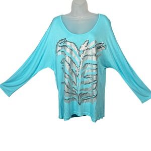 ARIAT Women's Aqua Blue Dolman Sleeve Top Tee Silver Sequin Western Art Sz Large